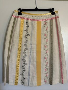 Paraphrase Cream A-Line Skirt with Pink and Yellow Ribbon Stripes